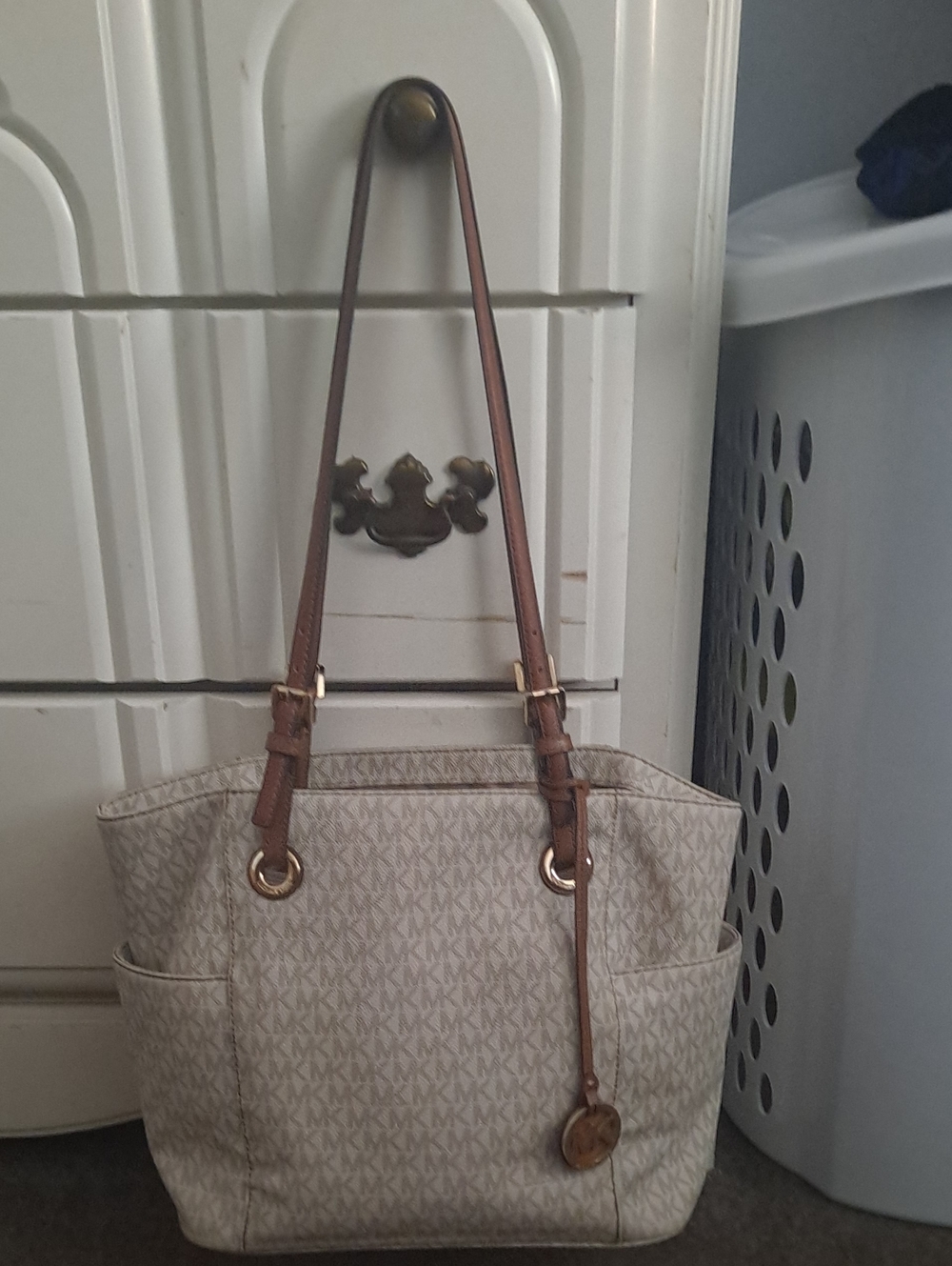 Michael Kors Beige MK Logo Tote with Brown Leather Straps